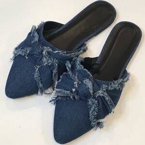 Denim Frayed Slip-On Mules